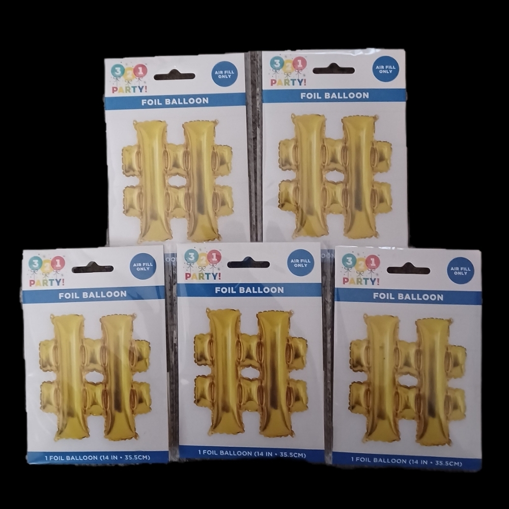 Balloon Gold Foil Hashtag (#) 14 IN - Lot of 5 No Helium Air Blow